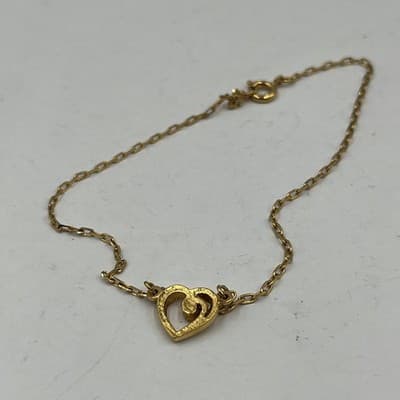 VTG Gold Tone Open Heart Charm Bracelet with Dainty Crystal Accent Spring Ring - Thumbnail 4