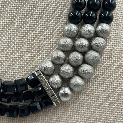 Vintage Triple Strand Black Onyx Style & Silver Stardust Bead Statement Necklace - Thumbnail 4