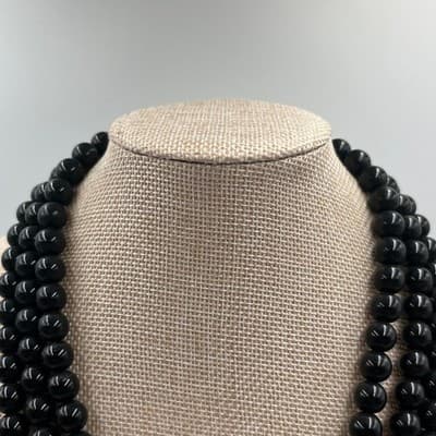 Vintage Triple Strand Black Onyx Style & Silver Stardust Bead Statement Necklace - Thumbnail 2