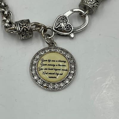 VTG Memorial Sentiment Charm Bracelet Silver Tone Wheat Chain Heart Rhinestone - Thumbnail 3