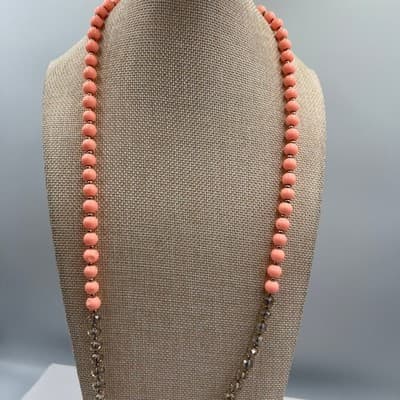 Vintage Charming Charlie Coral Bead Tassel Necklace Hypo Allergenic Blue Stone - Thumbnail 3