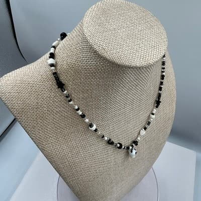 Handmade Black and White Mushroom Charm Beaded Necklace Whimsical Goth Jewelry - Thumbnail 5