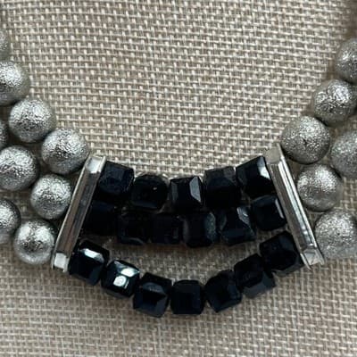 Vintage Triple Strand Black Onyx Style & Silver Stardust Bead Statement Necklace - Thumbnail 5