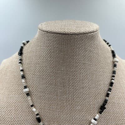 Handmade Black and White Mushroom Charm Beaded Necklace Whimsical Goth Jewelry - Thumbnail 2