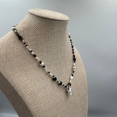 Handmade Black and White Mushroom Charm Beaded Necklace Whimsical Goth Jewelry - Thumbnail 4