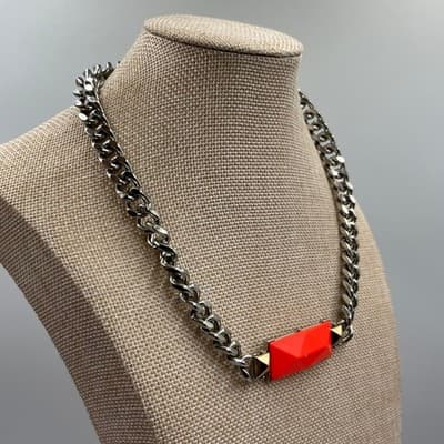 VTG Statement Chunky Silver Tone Curb Chain Necklace Faceted Rectangle Pendant - Thumbnail 4
