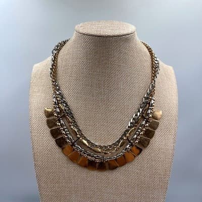 VTG Mixed Metal Tiered Statement Necklace Silver Gold Tone Cuban Chain Fan Bib