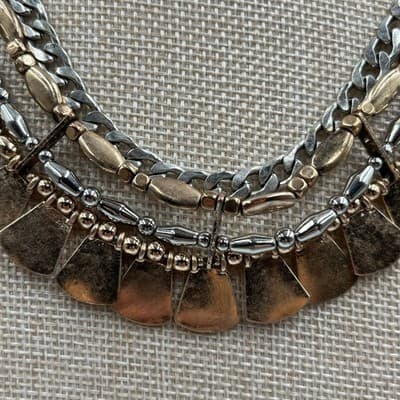 VTG Mixed Metal Tiered Statement Necklace Silver Gold Tone Cuban Chain Fan Bib - Thumbnail 3