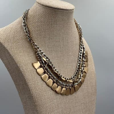 VTG Mixed Metal Tiered Statement Necklace Silver Gold Tone Cuban Chain Fan Bib - Thumbnail 4