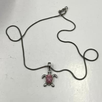 Vintage Silver Tone Sea Turtle Pendant Necklace Pink Faceted Crystal Snake Chain - Thumbnail 7