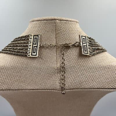 Vintage Multi-Strand Wheat Chain Necklace Silver Tone Greek Key Clasp Statement - Thumbnail 6