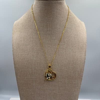 VTG Gold Tone Panda Heart Necklace Enamel Animal Pendant Crystal Accents Chain - Thumbnail 2