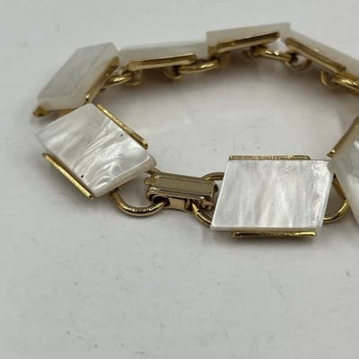 Vintage Gold Tone Panel Bracelet with White Faux Moana Marble Resin, 6.5 Inch - Thumbnail 2