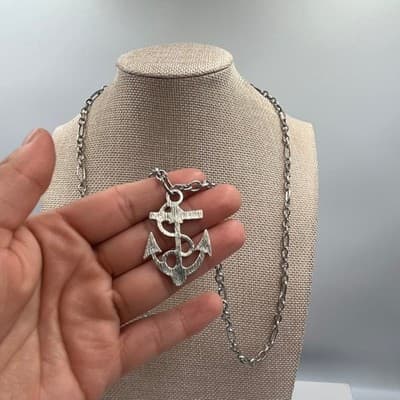 VTG Silver Tone Anchor Cross Pendant Long Textured Link Chain Necklace Nautical - Thumbnail 5