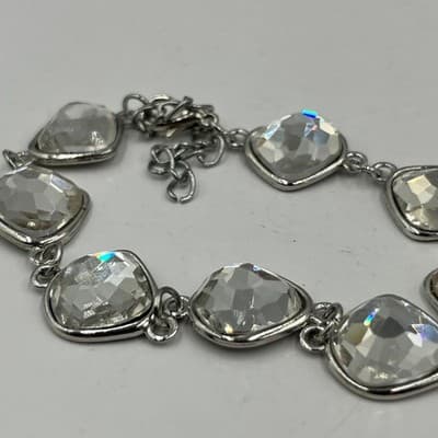 Vintage Silver Tone Large Chunky Crystal Link Bracelet Adjustable Lobster Clasp - Thumbnail 2