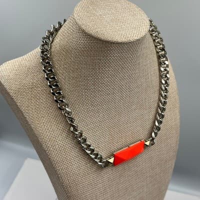 VTG Statement Chunky Silver Tone Curb Chain Necklace Faceted Rectangle Pendant - Thumbnail 5