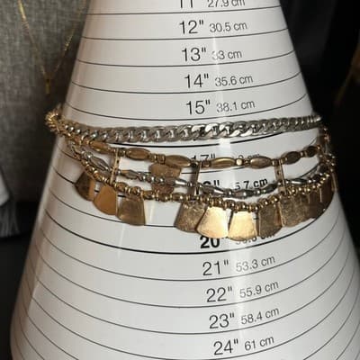 VTG Mixed Metal Tiered Statement Necklace Silver Gold Tone Cuban Chain Fan Bib - Thumbnail 6