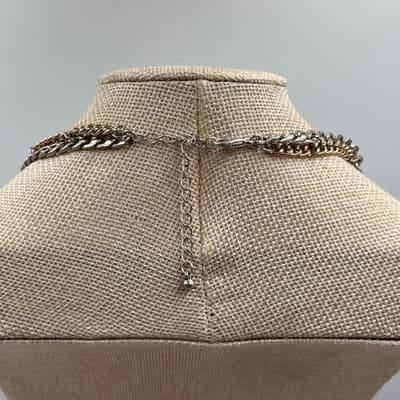 VTG Mixed Metal Tiered Statement Necklace Silver Gold Tone Cuban Chain Fan Bib - Thumbnail 5