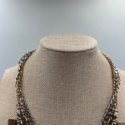 VTG Mixed Metal Tiered Statement Necklace Silver Gold Tone Cuban Chain Fan Bib - Thumbnail 2