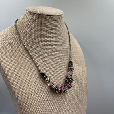 VTG Silver Tone Floral Beaded Necklace Purple Murano Style Glass & Pink Crystal - Thumbnail 4