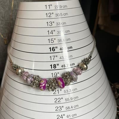 VTG Silver Tone Floral Beaded Necklace Purple Murano Style Glass & Pink Crystal - Thumbnail 7