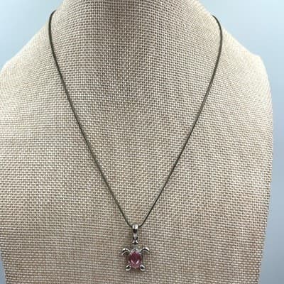 Vintage Silver Tone Sea Turtle Pendant Necklace Pink Faceted Crystal Snake Chain - Thumbnail 2
