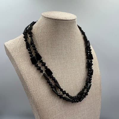 Vintage Double Strand Jet Black Beaded Statement Necklace Mixed Shapes Art Deco - Thumbnail 4