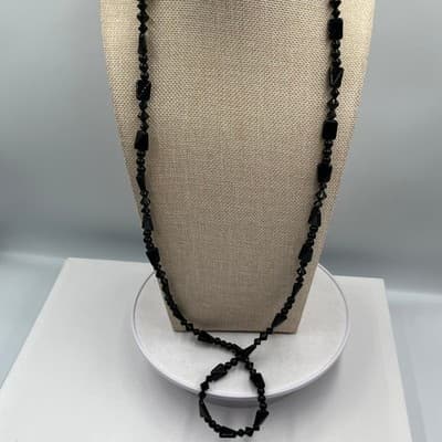 Vintage Double Strand Jet Black Beaded Statement Necklace Mixed Shapes Art Deco - Thumbnail 6