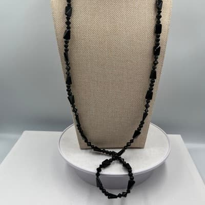 Vintage Double Strand Jet Black Beaded Statement Necklace Mixed Shapes Art Deco - Thumbnail 5