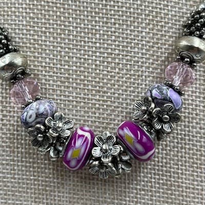 VTG Silver Tone Floral Beaded Necklace Purple Murano Style Glass & Pink Crystal - Thumbnail 3