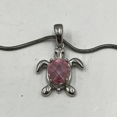 Vintage Silver Tone Sea Turtle Pendant Necklace Pink Faceted Crystal Snake Chain - Thumbnail 8