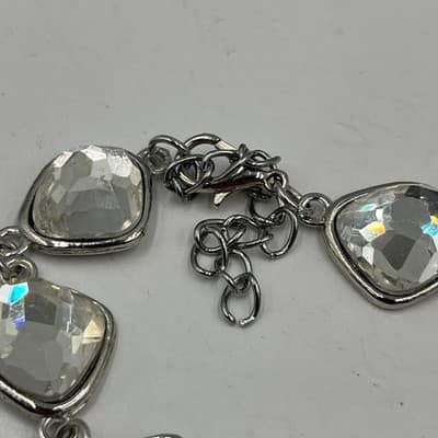 Vintage Silver Tone Large Chunky Crystal Link Bracelet Adjustable Lobster Clasp - Thumbnail 4
