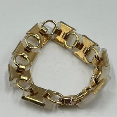 Vintage Gold Tone Panel Bracelet with White Faux Moana Marble Resin, 6.5 Inch - Thumbnail 5