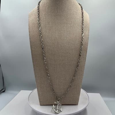 VTG Silver Tone Anchor Cross Pendant Long Textured Link Chain Necklace Nautical - Thumbnail 2