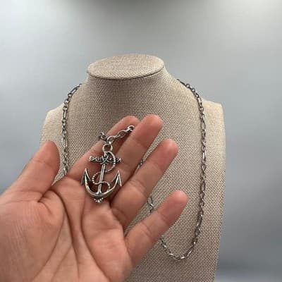VTG Silver Tone Anchor Cross Pendant Long Textured Link Chain Necklace Nautical - Thumbnail 6