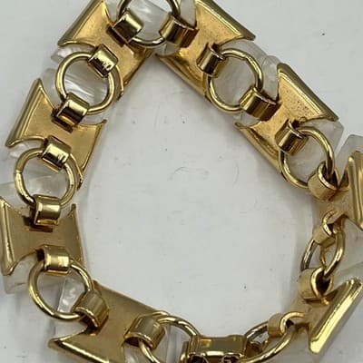 Vintage Gold Tone Panel Bracelet with White Faux Moana Marble Resin, 6.5 Inch - Thumbnail 6
