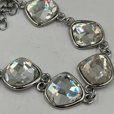 Vintage Silver Tone Large Chunky Crystal Link Bracelet Adjustable Lobster Clasp - Thumbnail 3