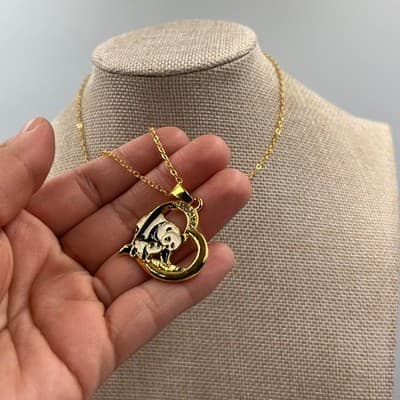 VTG Gold Tone Panda Heart Necklace Enamel Animal Pendant Crystal Accents Chain - Thumbnail 4