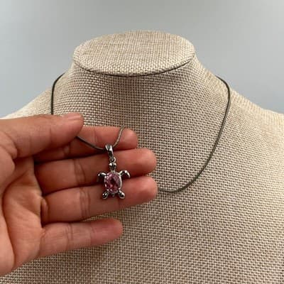 Vintage Silver Tone Sea Turtle Pendant Necklace Pink Faceted Crystal Snake Chain - Thumbnail 4