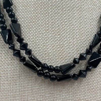 Vintage Double Strand Jet Black Beaded Statement Necklace Mixed Shapes Art Deco - Thumbnail 3