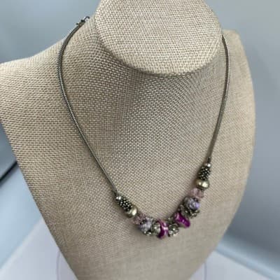 VTG Silver Tone Floral Beaded Necklace Purple Murano Style Glass & Pink Crystal - Thumbnail 5