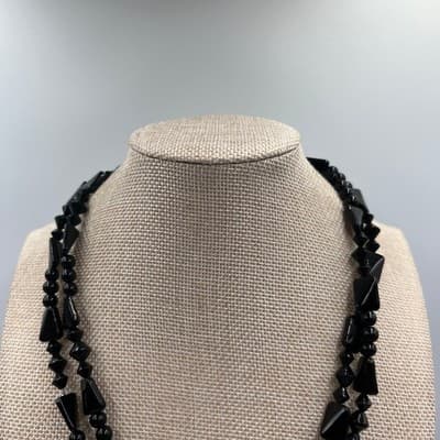 Vintage Double Strand Jet Black Beaded Statement Necklace Mixed Shapes Art Deco - Thumbnail 2