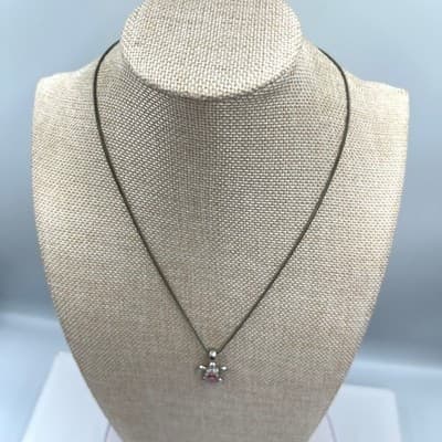 Vintage Silver Tone Sea Turtle Pendant Necklace Pink Faceted Crystal Snake Chain - Thumbnail 3