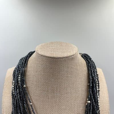 Coldwater Creek Multi-Strand Seed Bead Necklace Silver Tone Hammer Slide Accent - Thumbnail 2
