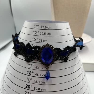 VTG Gothic Black Lace Choker Necklace Blue Crystal Teardrop Pendant Victorian - Thumbnail 7