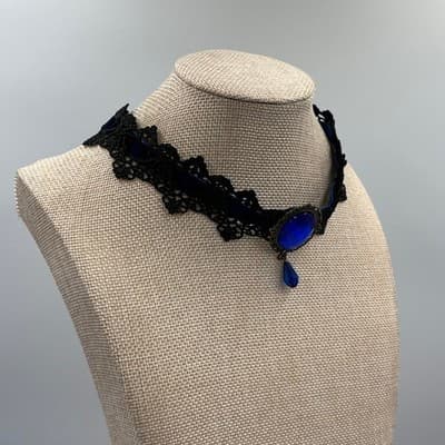 VTG Gothic Black Lace Choker Necklace Blue Crystal Teardrop Pendant Victorian - Thumbnail 4