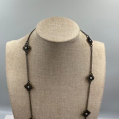 Vintage Bronze Station Necklace Clear Rhinestone Quatrefoil Filigree Long Chain - Thumbnail 3
