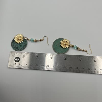 Vintage Boho Verdigris Patina Sunflower Drop Earring – Teal & Gold Floral Dangle - Thumbnail 5