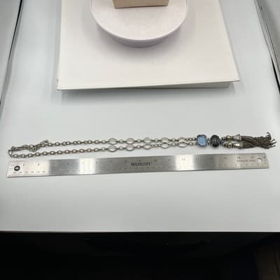 VTG Silver Tone Long Tassel Pendant Necklace Blue Grey Stone Black Agate Bead - Thumbnail 7