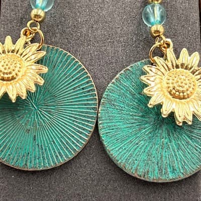 Vintage Boho Verdigris Patina Sunflower Drop Earring – Teal & Gold Floral Dangle - Thumbnail 2